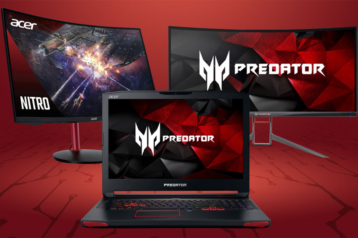 Acer Predator and Nitro gaming monitors and laptop on a red background, showcasing high-performance gear for immersive gaming adventures