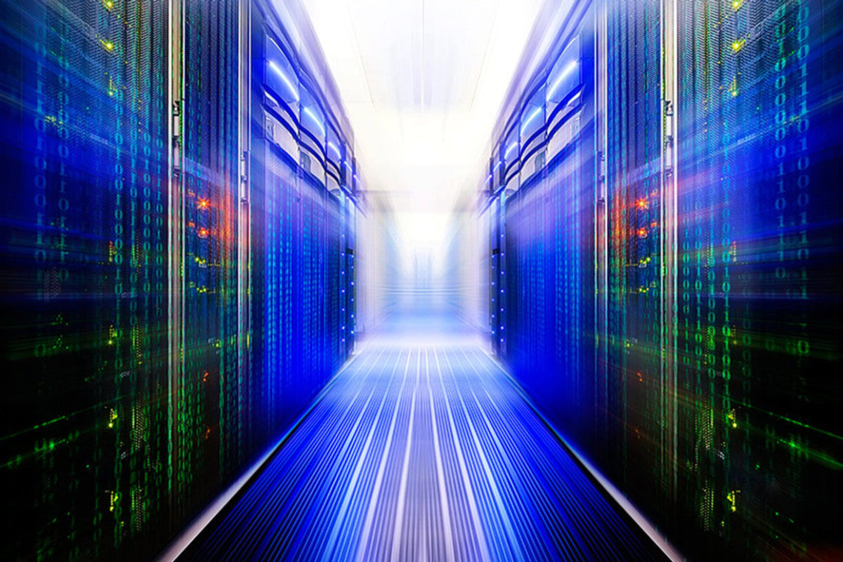 Futuristic data center with glowing servers and binary code representing the evolution of modern technology